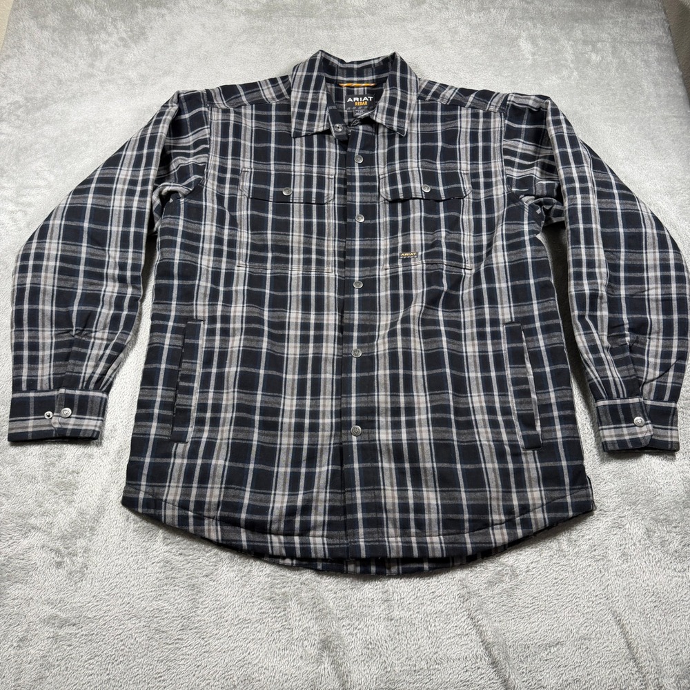 Ariat Rebar Flannel DuraStretch Shirt Mens Large Blue Plaid Quilted Lined Work